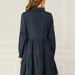 Allegra K Women's Swiss Dot Long Sleeve V Neck Collar Loose Ruffle Hem Cotton Dress 14 Allegra K Women's Swiss Dot Long Sleeve V Neck Collar Loose Ruffle Hem Cotton Dress