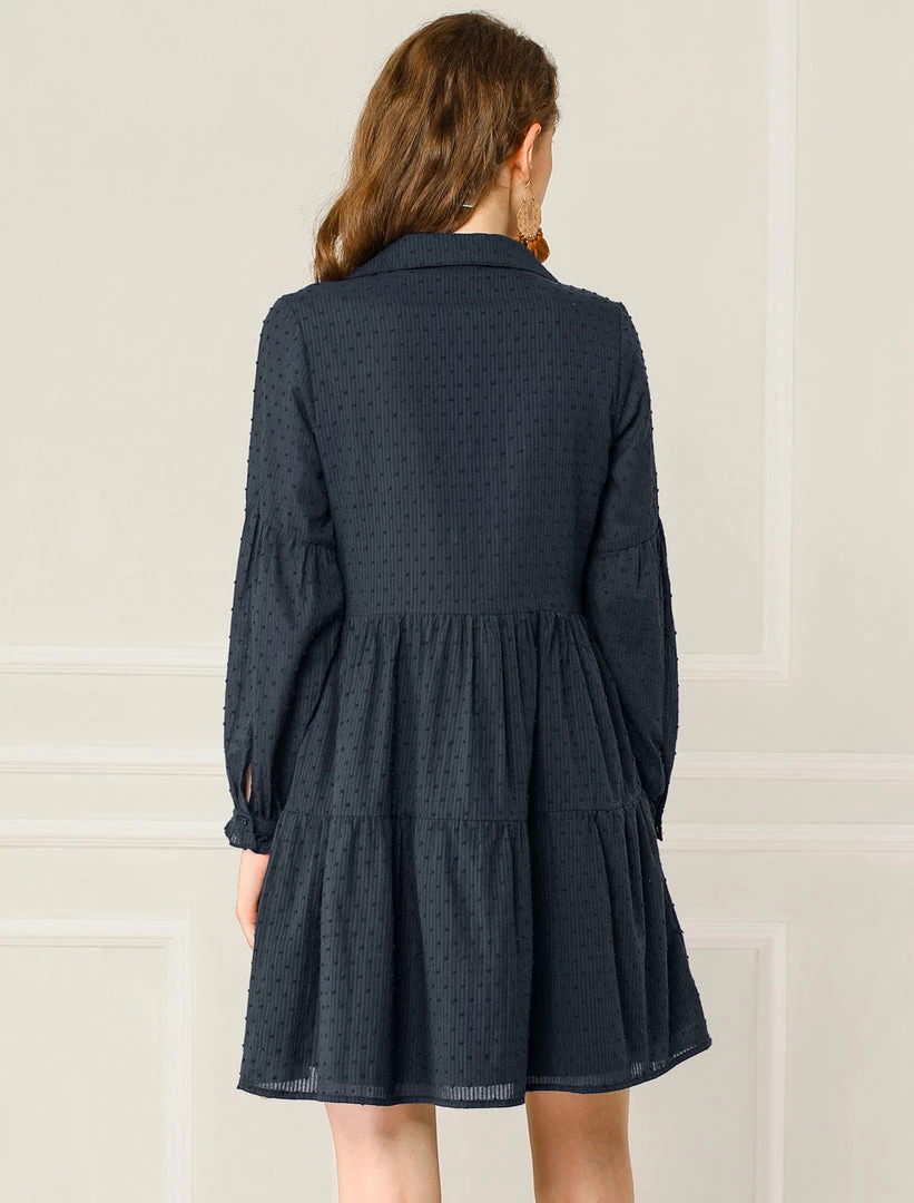 Allegra K Women's Swiss Dot Long Sleeve V Neck Collar Loose Ruffle Hem Cotton Dress 8 Allegra K Women's Swiss Dot Long Sleeve V Neck Collar Loose Ruffle Hem Cotton Dress