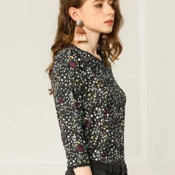 Allegra K Women's 3/4 Sleeves Lace Trim Floral Top