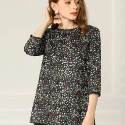 Allegra K Women's 3/4 Sleeves Lace Trim Floral Top