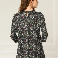 Allegra K Women's 3/4 Sleeves Lace Trim Floral Top