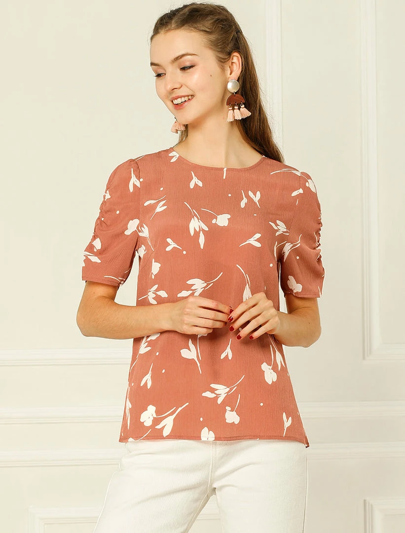 Allegra K Women's Floral Blouse Crew Neck Summer Casual Shirred Short Sleeve Top 30 Allegra K Women's Floral Blouse Crew Neck Summer Casual Shirred Short Sleeve Top