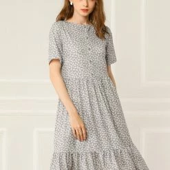 Allegra K Women's Loose Floral Print Short Sleeve Button Decor Ruffle Hem A-Line Dress
