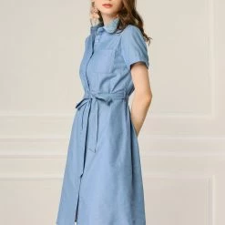 Allegra K Women's Peter Pan Collar Short Sleeve Belted Shift Chambray Denim Shirt Dress