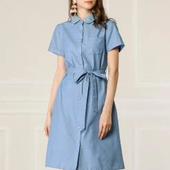 Allegra K Women's Peter Pan Collar Short Sleeve Belted Shift Chambray Denim Shirt Dress