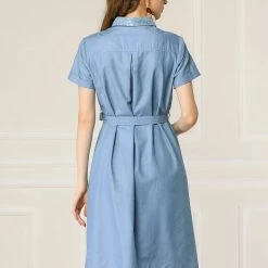 Allegra K Women's Peter Pan Collar Short Sleeve Belted Shift Chambray Denim Shirt Dress