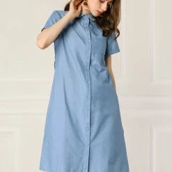 Allegra K Women's Peter Pan Collar Short Sleeve Belted Shift Chambray Denim Shirt Dress