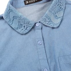 Allegra K Women's Peter Pan Collar Short Sleeve Belted Shift Chambray Denim Shirt Dress