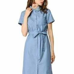 Allegra K Women's Peter Pan Collar Short Sleeve Belted Shift Chambray Denim Shirt Dress