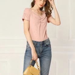 Allegra K Women's Gathering Ruched Capped Sleeves V Neck Solid Slim Fit Tops 22 Allegra K Women's Gathering Ruched Capped Sleeves V Neck Solid Slim Fit Tops
