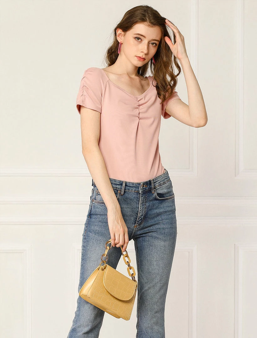 Allegra K Women's Gathering Ruched Capped Sleeves V Neck Solid Slim Fit Tops 11 Allegra K Women's Gathering Ruched Capped Sleeves V Neck Solid Slim Fit Tops