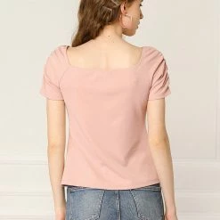 Allegra K Women's Gathering Ruched Capped Sleeves V Neck Solid Slim Fit Tops 24 Allegra K Women's Gathering Ruched Capped Sleeves V Neck Solid Slim Fit Tops