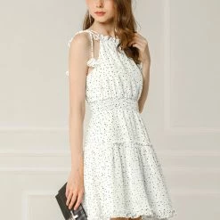 Allegra K Women's Ruffled Floral Stars Print Sleeveless Tie Strap Spring Casual Short Dress