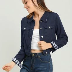 Allegra K Cropped Shirt Jacket With Contrast Collar And Cuffs Women
