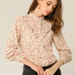 Allegra K Women's Floral Print Long Sleeve Casual Shirts Ruffle Chiffon Blouse