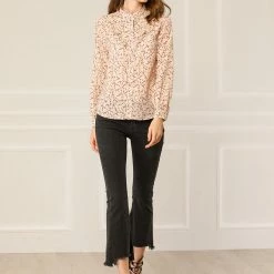 Allegra K Women's Floral Print Long Sleeve Casual Shirts Ruffle Chiffon Blouse