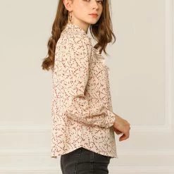 Allegra K Women's Floral Print Long Sleeve Casual Shirts Ruffle Chiffon Blouse