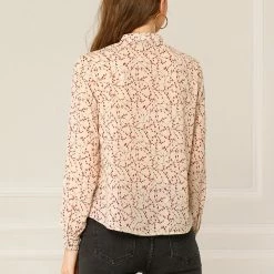 Allegra K Women's Floral Print Long Sleeve Casual Shirts Ruffle Chiffon Blouse