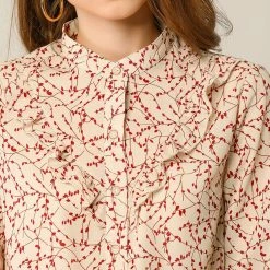 Allegra K Women's Floral Print Long Sleeve Casual Shirts Ruffle Chiffon Blouse