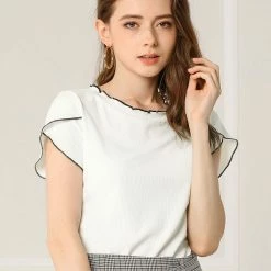 Allegra K Women's Elegant Tops Contrast Color Round Neck Cap Sleeve Solid Casual Shirt 27 Allegra K Women's Elegant Tops Contrast Color Round Neck Cap Sleeve Solid Casual Shirt