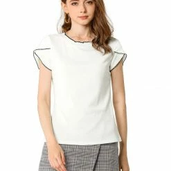 Allegra K Women's Elegant Tops Contrast Color Round Neck Cap Sleeve Solid Casual Shirt 26 Allegra K Women's Elegant Tops Contrast Color Round Neck Cap Sleeve Solid Casual Shirt