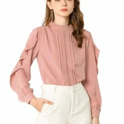 Allegra K Women's Ruffle Mock Neck Blouse Work Chiffon Long Ruffled Sleeve Pleated Shirt Top
