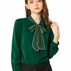 Allegra K Tie Neck Contrast Color Button Down Long Sleeves Shirt