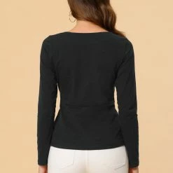 Allegra K Round Neck Front Twist Tops Long Sleeve Shirt