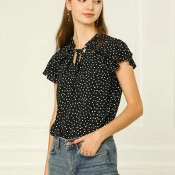 Allegra K Women's Polka Dot Blouse Flare Sleeve Ruffle Tie Neck Top Shirt