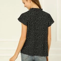 Allegra K Women's Polka Dot Blouse Flare Sleeve Ruffle Tie Neck Top Shirt