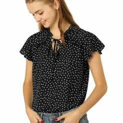 Allegra K Women's Polka Dot Blouse Flare Sleeve Ruffle Tie Neck Top Shirt