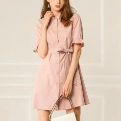 Allegra K Women's Casual Short Ruffled Sleeve Cotton Solid Color Button Down Shirt Dress With Belt