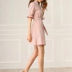Allegra K Women's Casual Short Ruffled Sleeve Cotton Solid Color Button Down Shirt Dress With Belt