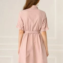 Allegra K Women's Casual Short Ruffled Sleeve Cotton Solid Color Button Down Shirt Dress With Belt