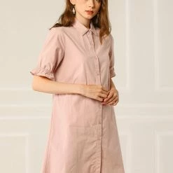 Allegra K Women's Casual Short Ruffled Sleeve Cotton Solid Color Button Down Shirt Dress With Belt
