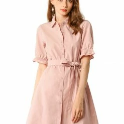 Allegra K Women's Casual Short Ruffled Sleeve Cotton Solid Color Button Down Shirt Dress With Belt