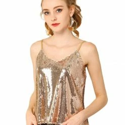 Allegra K Women's Sequin Sparkle Glitter Spaghetti Strap Crop Camisole Tank Top