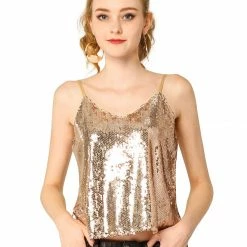 Allegra K Women's Sequin Sparkle Glitter Spaghetti Strap Crop Camisole Tank Top
