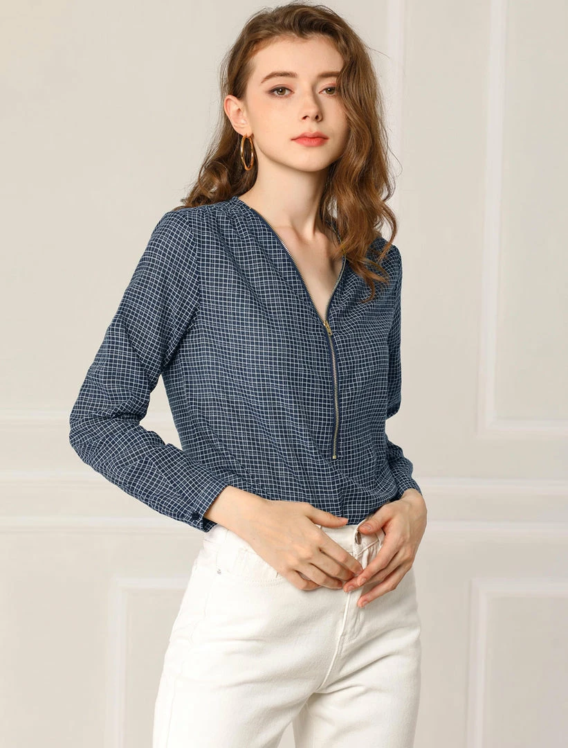 Allegra K Women's Plaids Print Blouses V Neck Zipper Long Sleeve Button Cuff Casual Tops 5 Allegra K Women's Plaids Print Blouses V Neck Zipper Long Sleeve Button Cuff Casual Tops