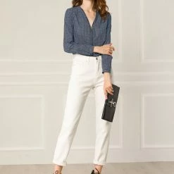 Allegra K Women's Plaids Print Blouses V Neck Zipper Long Sleeve Button Cuff Casual Tops 12 Allegra K Women's Plaids Print Blouses V Neck Zipper Long Sleeve Button Cuff Casual Tops