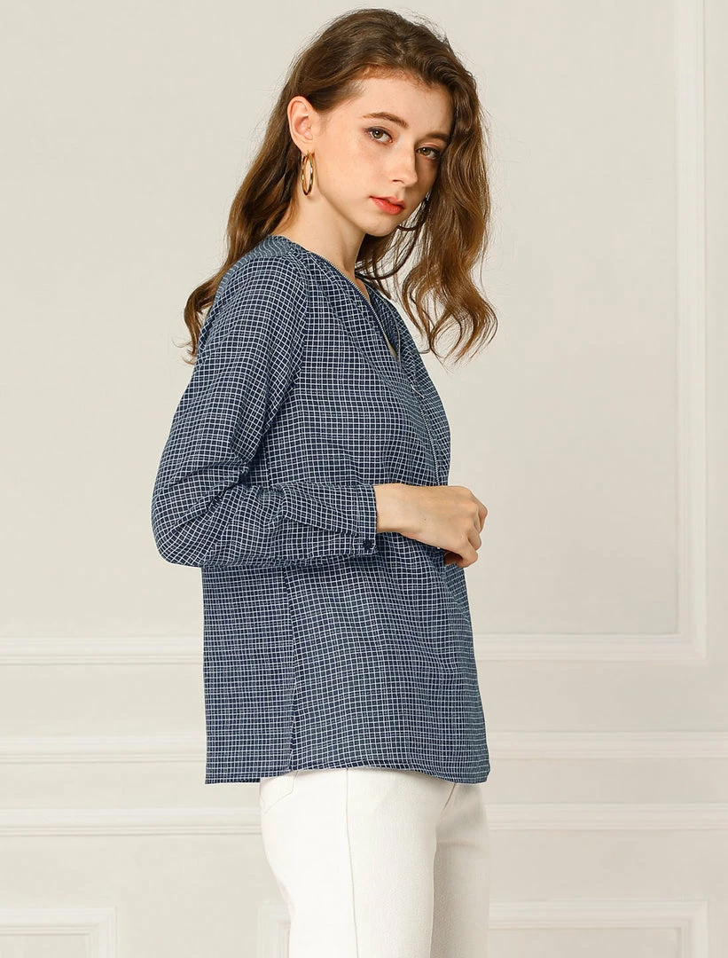 Allegra K Women's Plaids Print Blouses V Neck Zipper Long Sleeve Button Cuff Casual Tops 7 Allegra K Women's Plaids Print Blouses V Neck Zipper Long Sleeve Button Cuff Casual Tops