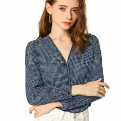 Allegra K Women's Plaids Print Blouses V Neck Zipper Long Sleeve Button Cuff Casual Tops
