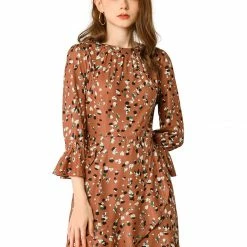 Allegra K Women's Leopard 3/4 Bell Sleeves Asymmetrical Hem Dress