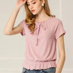 Allegra K Women's Short Sleeve Tie Neck Ruffle Hem Round Neck Blouson Blouse Tops