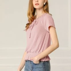 Allegra K Women's Short Sleeve Tie Neck Ruffle Hem Round Neck Blouson Blouse Tops