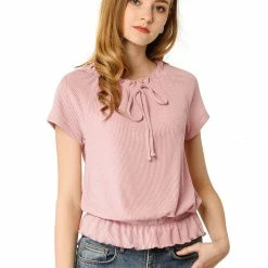 Allegra K Women's Short Sleeve Tie Neck Ruffle Hem Round Neck Blouson Blouse Tops