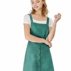 Allegra K Women's Corduroy Button Decor A Line Suspender Overall Skirt Dress