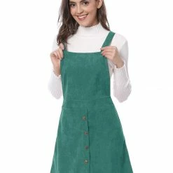 Allegra K Women's Corduroy Button Decor A Line Suspender Overall Skirt Dress
