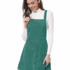 Allegra K Women's Corduroy Button Decor A Line Suspender Overall Skirt Dress