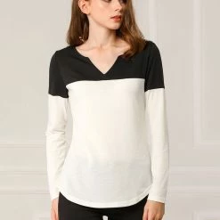 Allegra K Split V-neck Long Sleeves Color Block T-Shirt 91 Allegra K Split V-neck Long Sleeves Color Block T-Shirt
